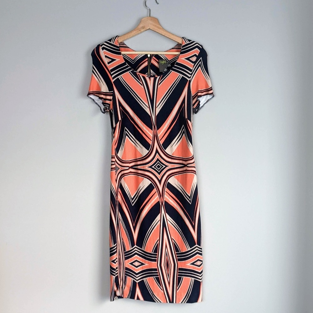 Taylor | Navy, orange and tan rayon-blend dress, size 8